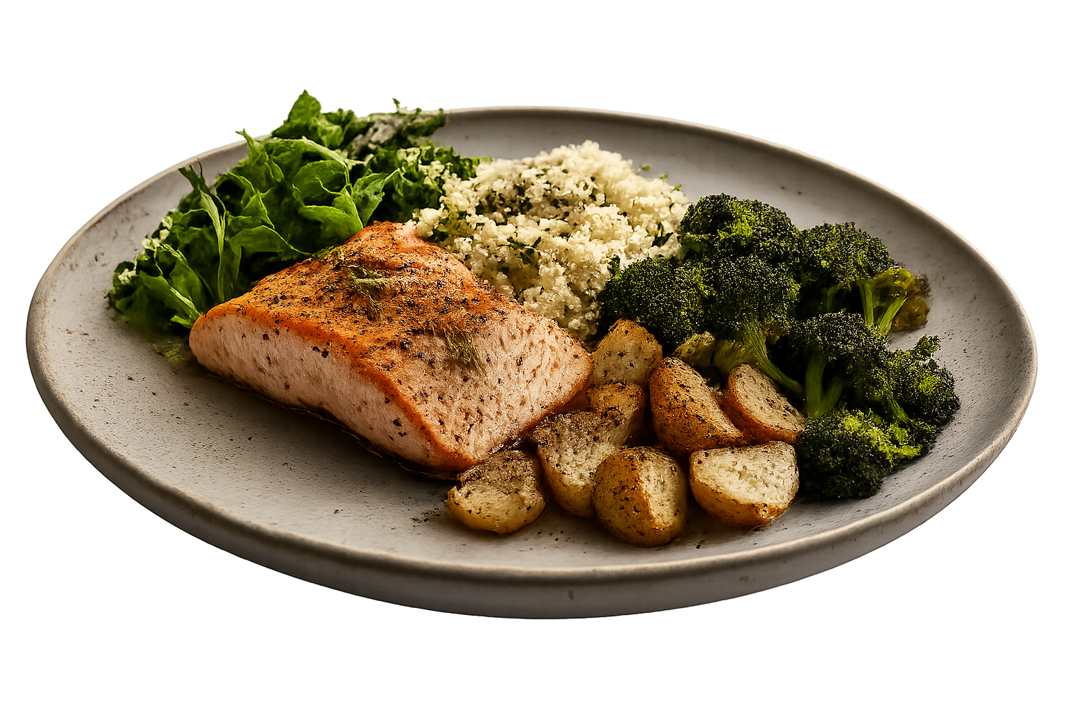 A plated meal of salmon, roasted potatoes, broccoli and greens with herbed couscous